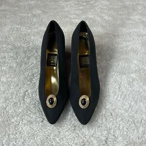 Mina gold brooch black pumps heels, size 8.5